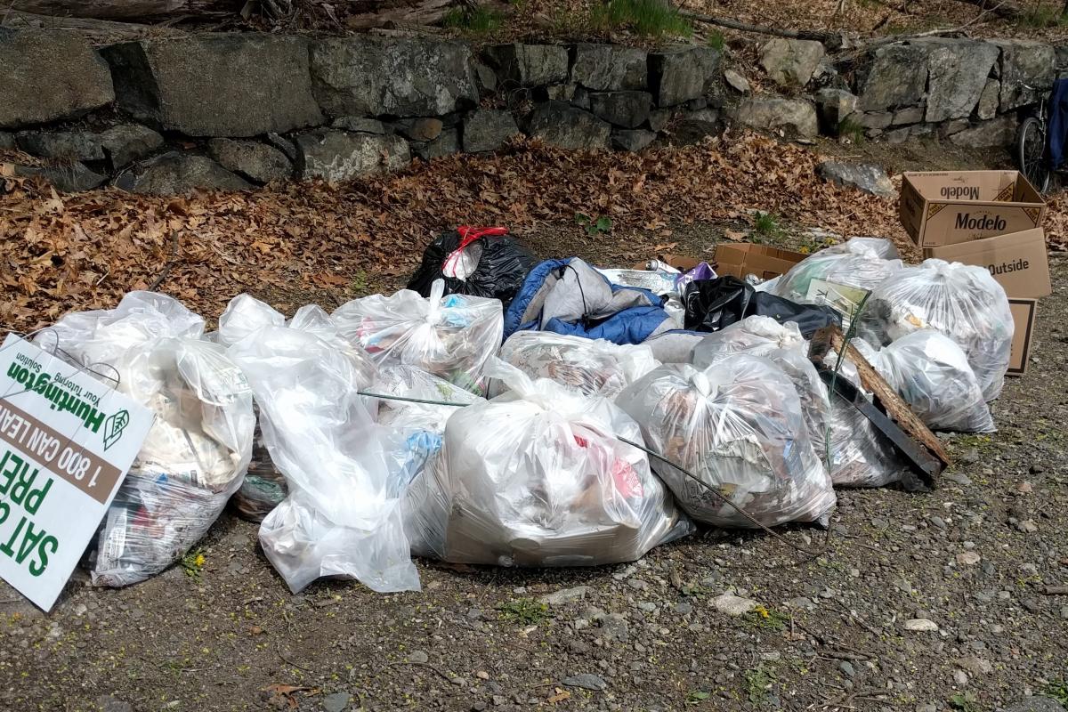 A dozen large bags of trash and some boxes contain trash that has been cleaned up.